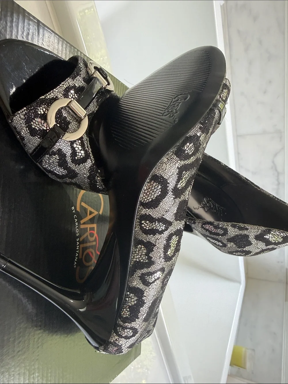Carlos by Carlos Santana Black & Silver Sparkle Snake -Print Peep-Toe Heels 8.5